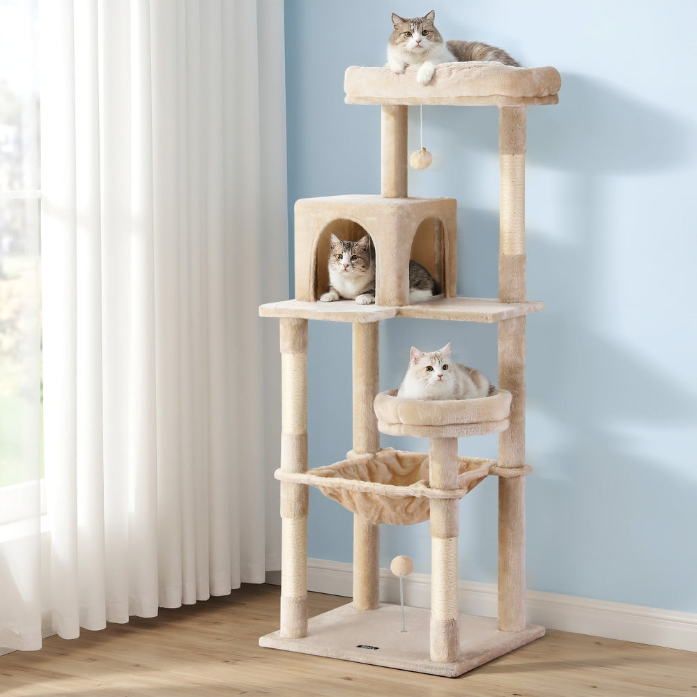 i.Pet Cat Tree 143cm Tower Scratching Post Trees Scratcher Condo House Beige - view 7