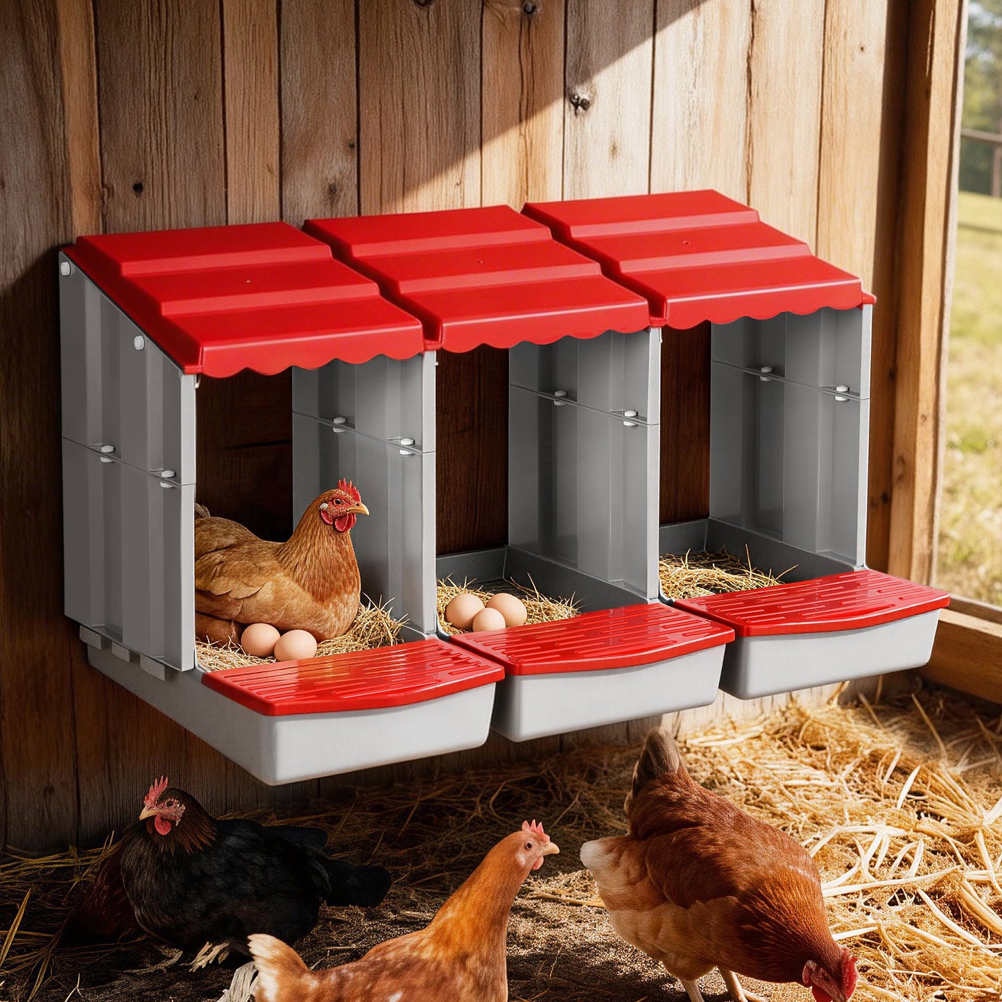 i.Pet Chicken Nesting Box 3 Hole Roll Away Poultry Hen Laying Egg Hutch Red - view 8