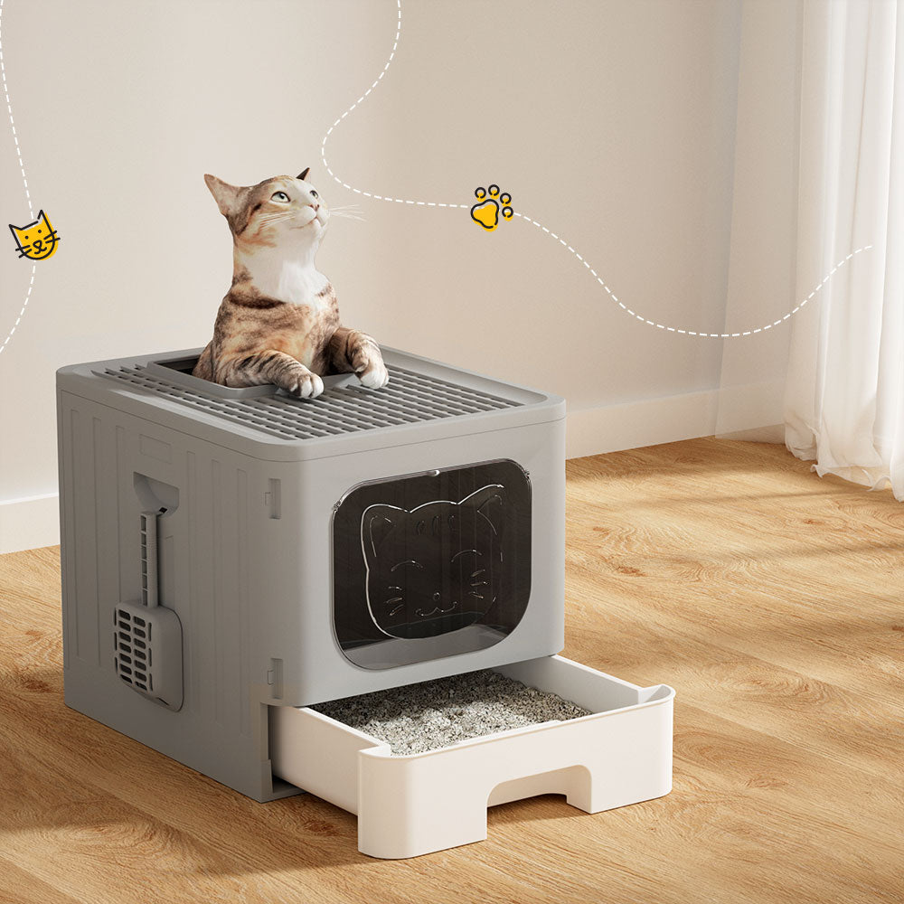 i.Pet Cat Litter Box Large Tray Kitty Toilet Enclosed Hooded Foldable Cat Litter Box Scoop Grey - view 7