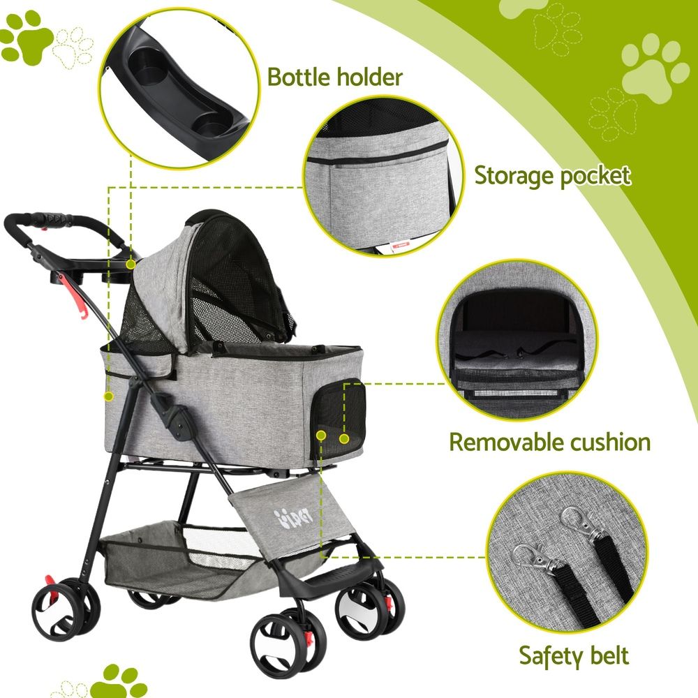 i.Pet Pet Stroller Dog Pram Cat Carrier Travel Large Pushchair Foldable 4 Wheels Grey - view 7