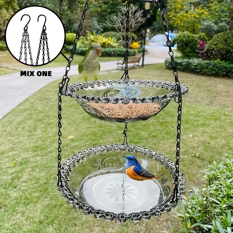 Chain-hung Double-layer Bird Feeder, transparent bowls for easy observation, thickened iron chain for stable load-bearing, adding natural vitality and bird-watching fun to your courtyard./BLACK - view 10