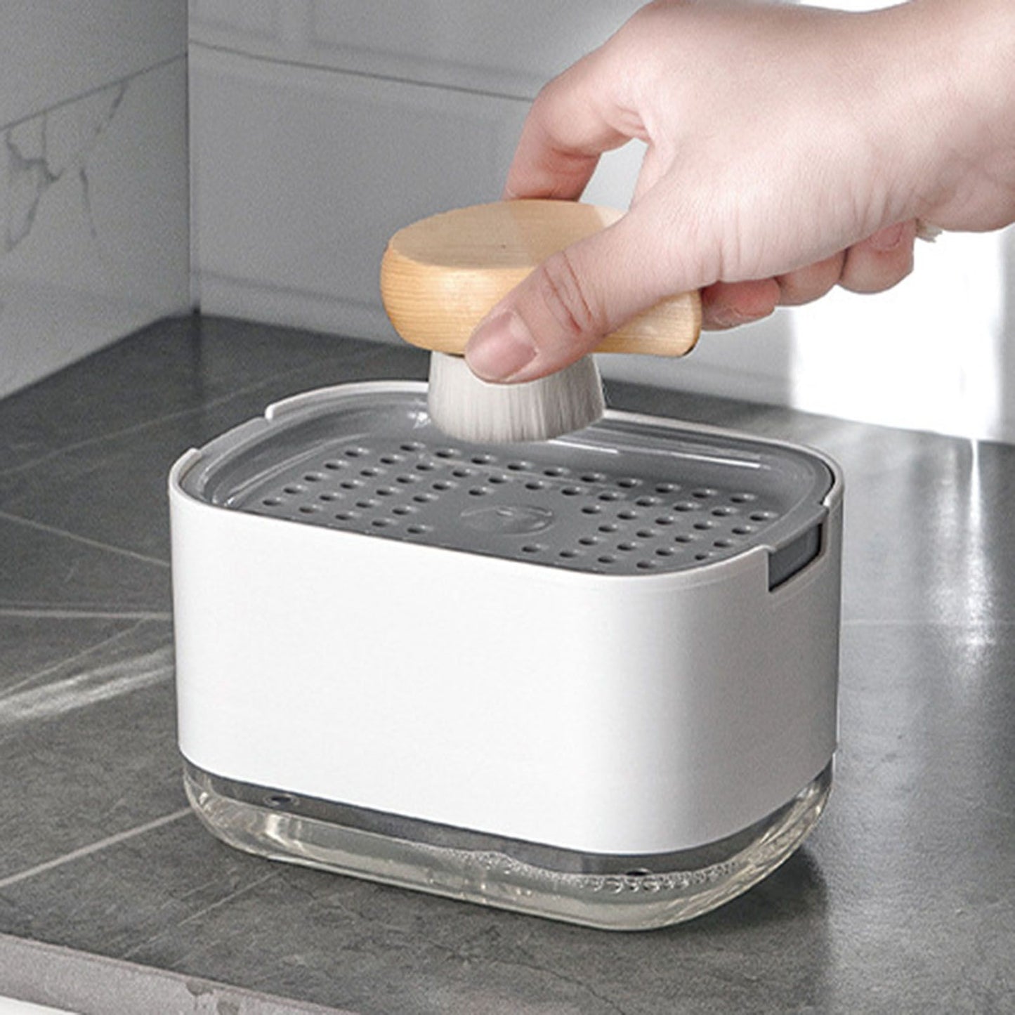 Soap Dispenser with Sponge Holder PP PET Press Type Soap Box for Cloth Dish Kitchen Cleaning White - view 10