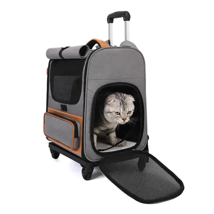 Beige Large Capacity Breathable Foldable Pet Trolley - Travel Cat Carrier with Wheels, Portable, Spacious, and Convenient for Two Cats - view 5