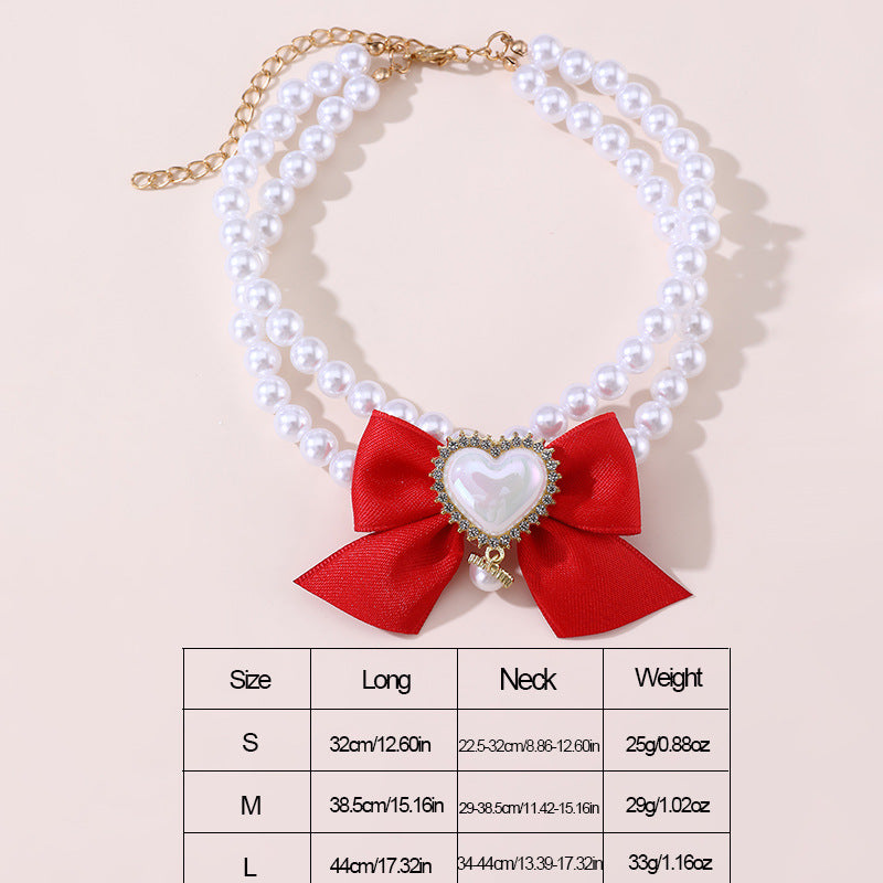 2 - PCS Cute Pet Pearl Necklace Collar with Red Bow and Heart Charm - Size M - view 4