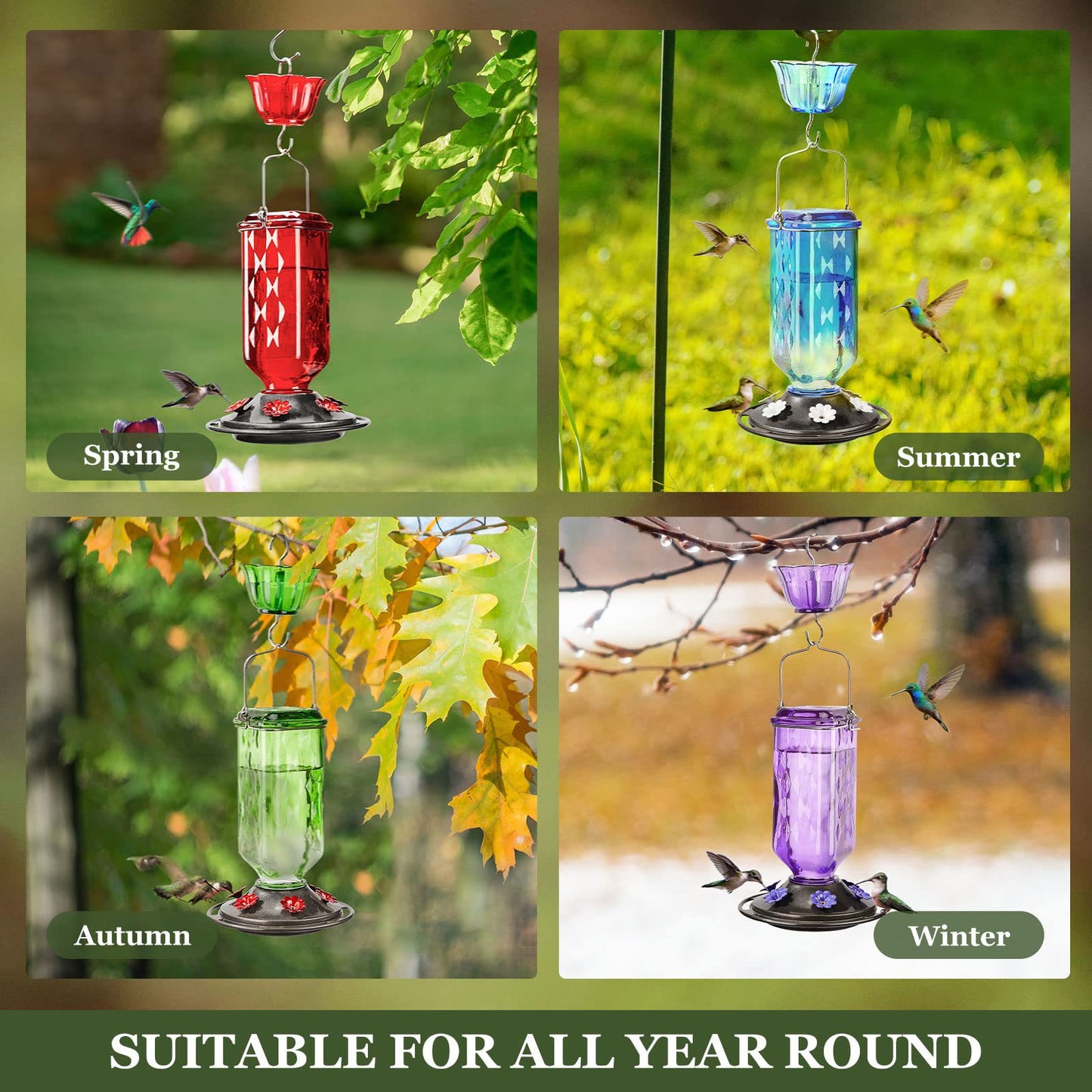 Elegant Hanging Hummingbird Feeder - Decorative Glass Nectar Bottle with Ant Moat, 6 Feeding Ports(Green) - view 6