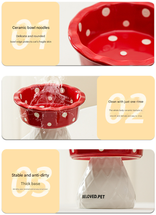 Blue Adorable Mushroom Ceramic Elevated Cat Bowl - Anti-Vomiting & Spine Protecting Pet Feeder with Polka Dots - view 5