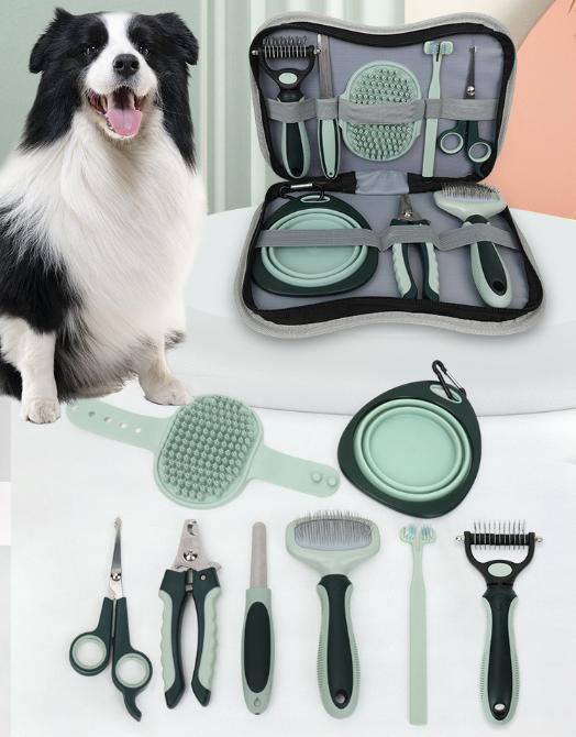 Grey and Green Complete 8-Piece Pet Grooming Kit - Essential Dog & Cat Care Tools with Brushes, Nail Clippers, Scissors & Portable Case - view 7