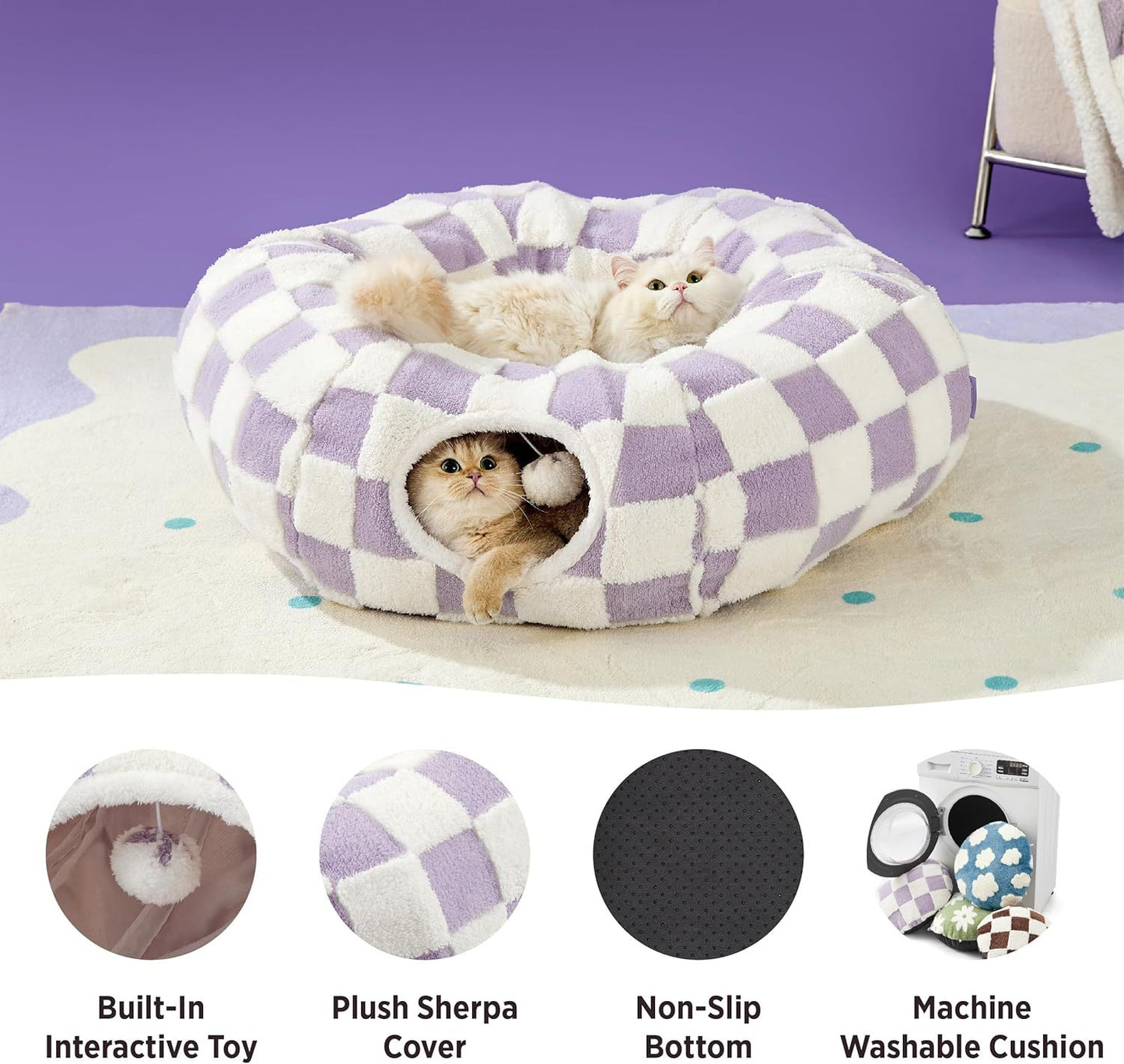 2-in-1 Cat Tunnel Bed Blue Daisy 80cm - Plush Donut Pet Cave & Play Tube - Detachable Washable Cushion & Interactive Hanging Toy for Indoor Cats - view 8
