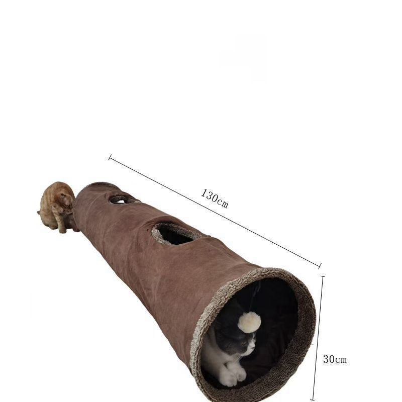 30X130CM Brown Durable Suede Foldable Cat Tunnel - Interactive Multi-Sensory Play Tube with Crinkle Paper & Plush Interior, plush ball and Steel Frame - view 4