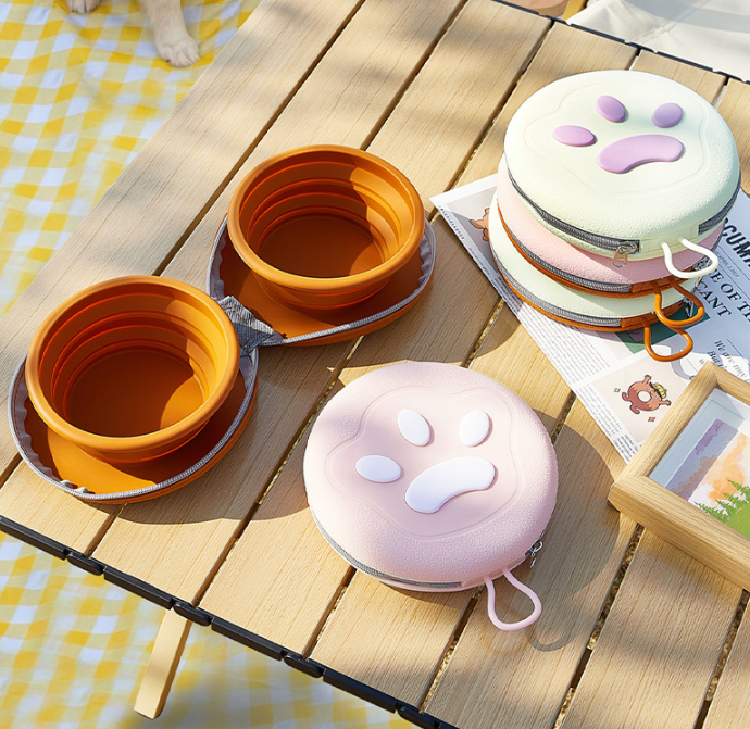 Brown Portable Collapsible Double Pet Bowls for Dogs and Cats - 2x 450ml Food Grade Silicone Travel Feeder with Zippered Paw Carrying Case - Lightweight Outdoor Water and Food Bowl Set - view 3
