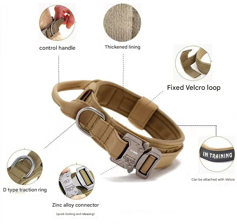L Khaki Heavy Duty Tactical Dog Collar | Military Grade Nylon with Zinc Alloy Quick-Release Buckle | Padded Training Collar for Medium to Large Breeds - view 3