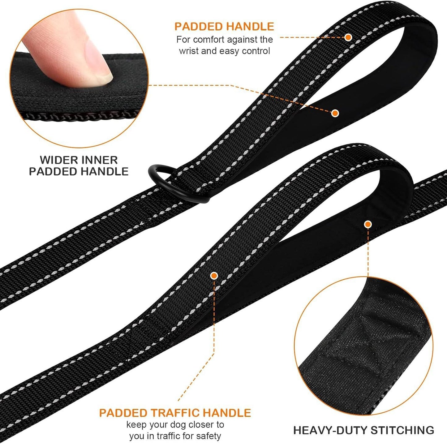 Orange 2.5 Meter Heavy Duty Reflective Dog Leash | Double Padded Traffic Handle | Anti-Chafe Tightly Woven Nylon for Large Dogs - view 3