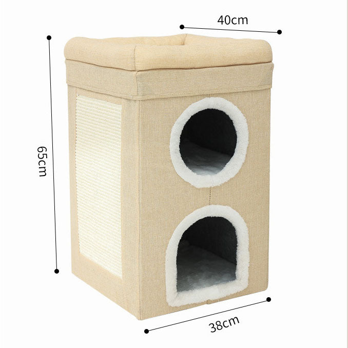 Beige 3-Story Villa Cat House with Scratching Posts - Foldable Double-Decker Cat Condo, Warm & Breathable All-Season Pet Bed, Multi-Functional Play & Sleep Space, Durable Easy-Clean Fabric - view 7