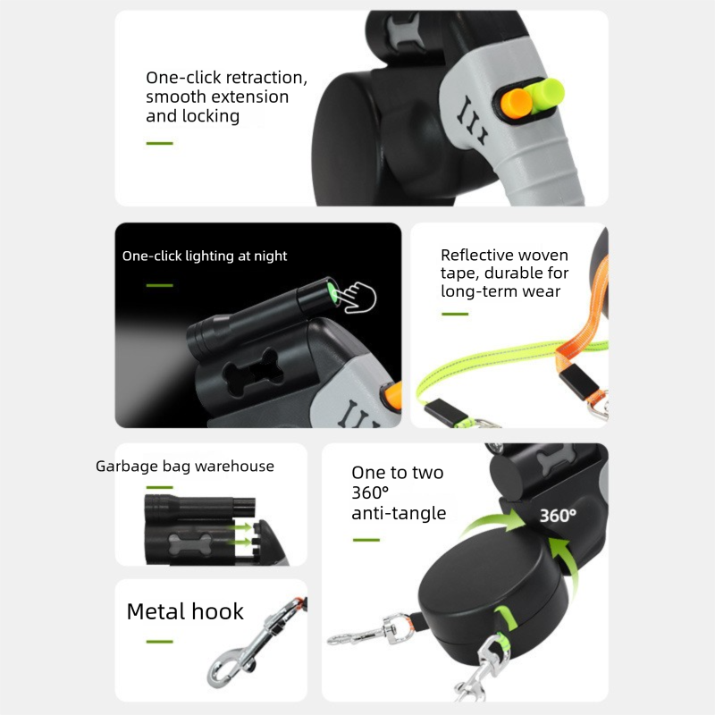 Black Dual Retractable Dog Leash - Tangle-Free 360 Degree Rotation - Built-in LED Flashlight, Individual Brake and Lock System for Two Dogs, Safety for Night Walking and Outdoor Training - view 5