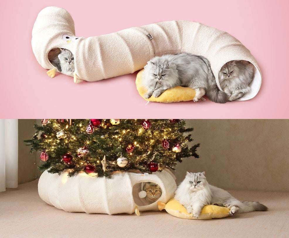 Yellow Cute Foldable Cat Tunnel Bed with Dual-Zipper Detachable & Connectable Design - 2-in-1 Versatile Circular Doughnut Nest & S-Curve Play Center, Easy Fold-Away Storage (85x85x26CM) - view 4