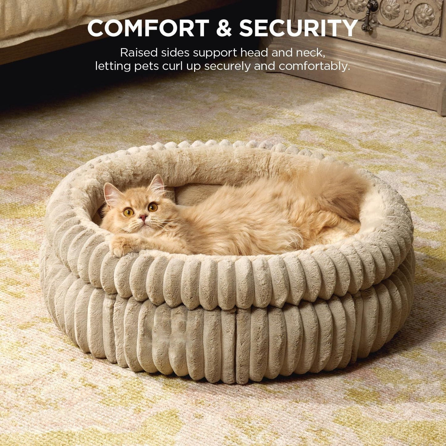50x50x18 CM Pink Ultra-Soft Thickened Round Pet Bed with Stripe Texture - Plush Self-Warming Donut Nest for Cats and Small Dogs - view 2