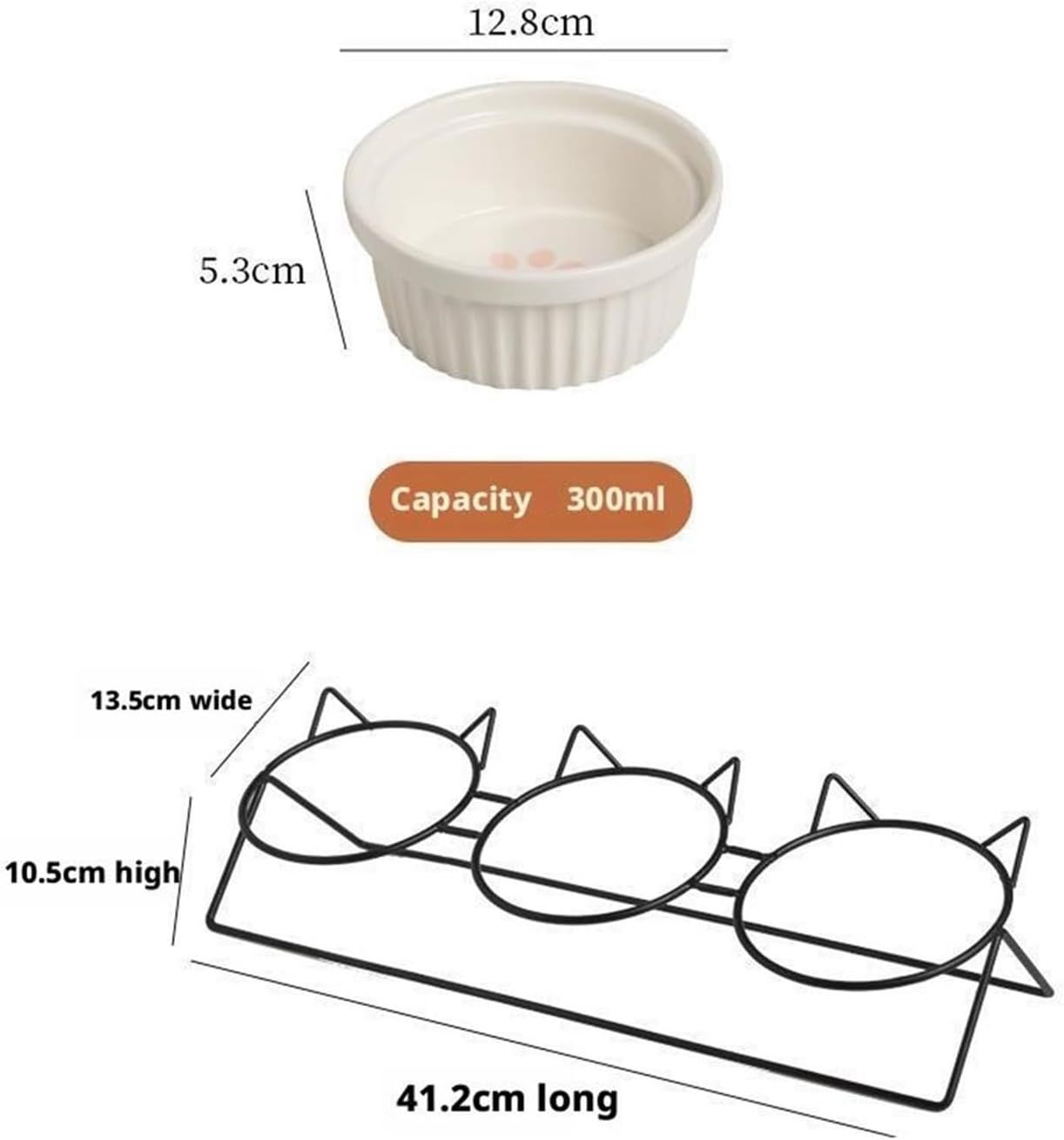 Triple Slanted Ceramic Pet Bowl Set with Elevated Iron Stand and Non Slip Base - 3 x 300ML Versatile Black Cat Paw Print Pattern Dishes for Water & Food - view 7