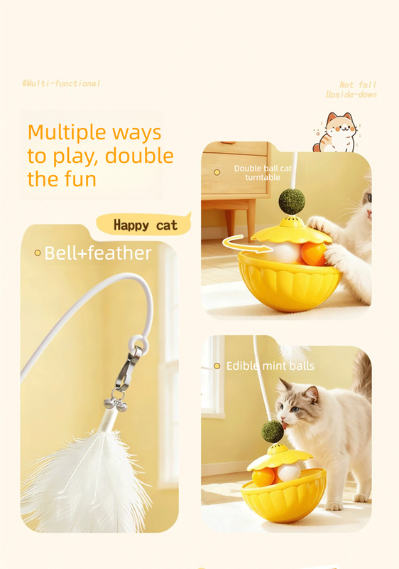 Green 2Pcs Interactive Cat Wobble Toy Set - Dual Ball Turntable & Feeder with Feather Teaser and Catnip Ball - PP Plastic for Kitten Self-Entertainment - view 5