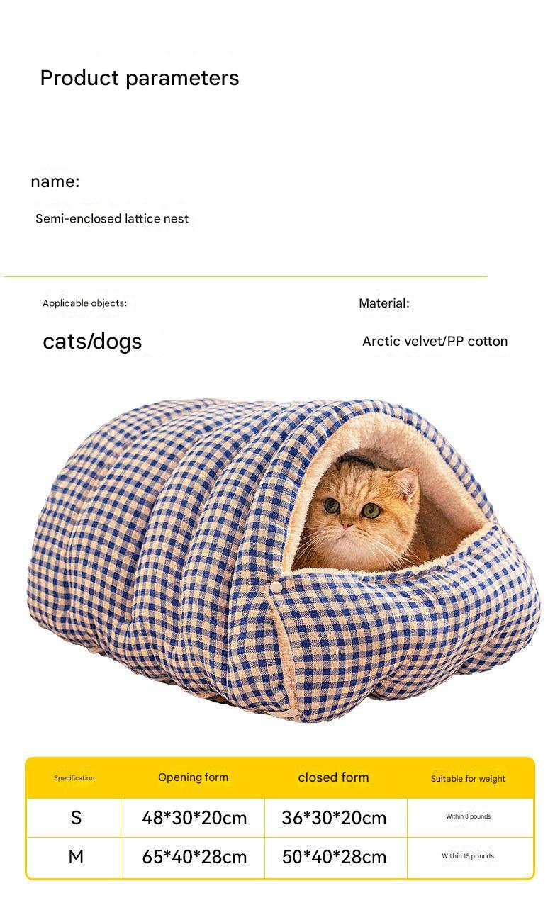 S size Pink Plaid Cat Cave Bed Winter Warm Enclosed Pet House Cozy Cat Sleeping Bag Semi-Enclosed Cat Nest Small Dog Bed PP Cotton Filling Washable Pet Supplies - view 9