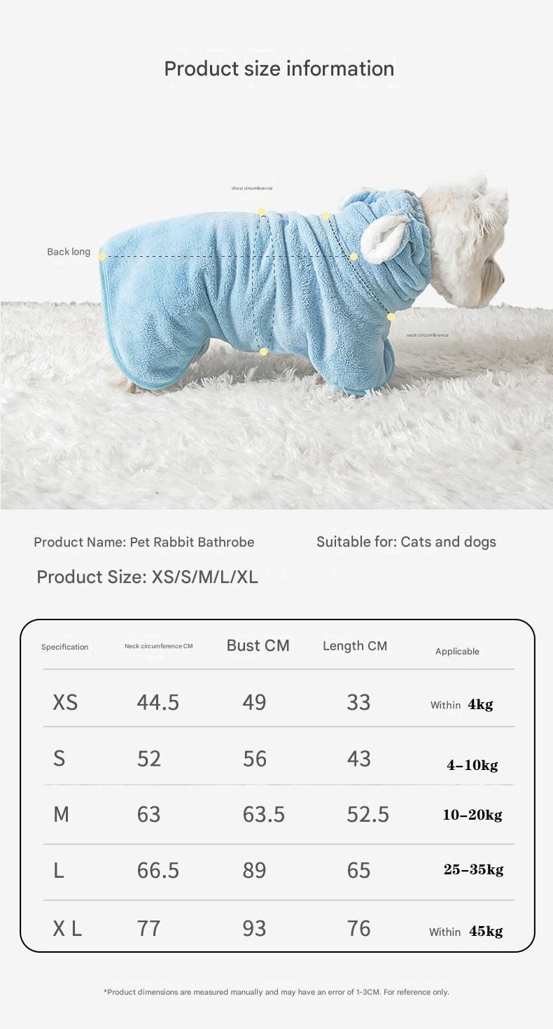 Blue M size Pet Drying Robe with Hood - Quick Dry Coral Fleece Towel for Dogs and Cats, Super Absorbent Bathrobe with Cute Rabbit Ears, Adjustable Fit for All Sizes, Easy to Wear and Machine Washable - view 10