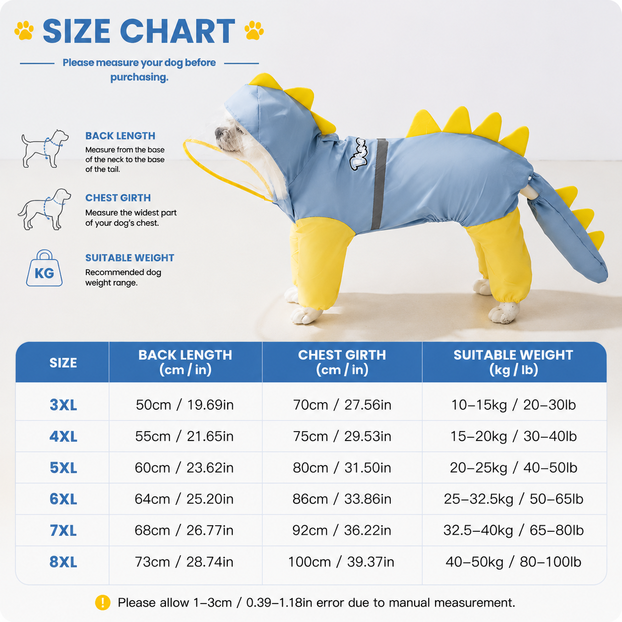 Blue Dog Raincoat Dinosaur Hooded Waterproof Jacket 6XL Size with Leash Hole Removable Tail Cover Full Body Coverage Pet Rain Coat for Outdoor Walking Large Dogs - view 5
