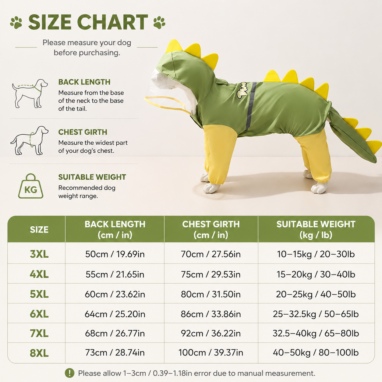 Green Dog Raincoat Dinosaur Hooded Waterproof Jacket 6XL Size with Leash Hole Removable Tail Cover Full Body Coverage Pet Rain Coat for Outdoor Walking Large Dogs - view 7