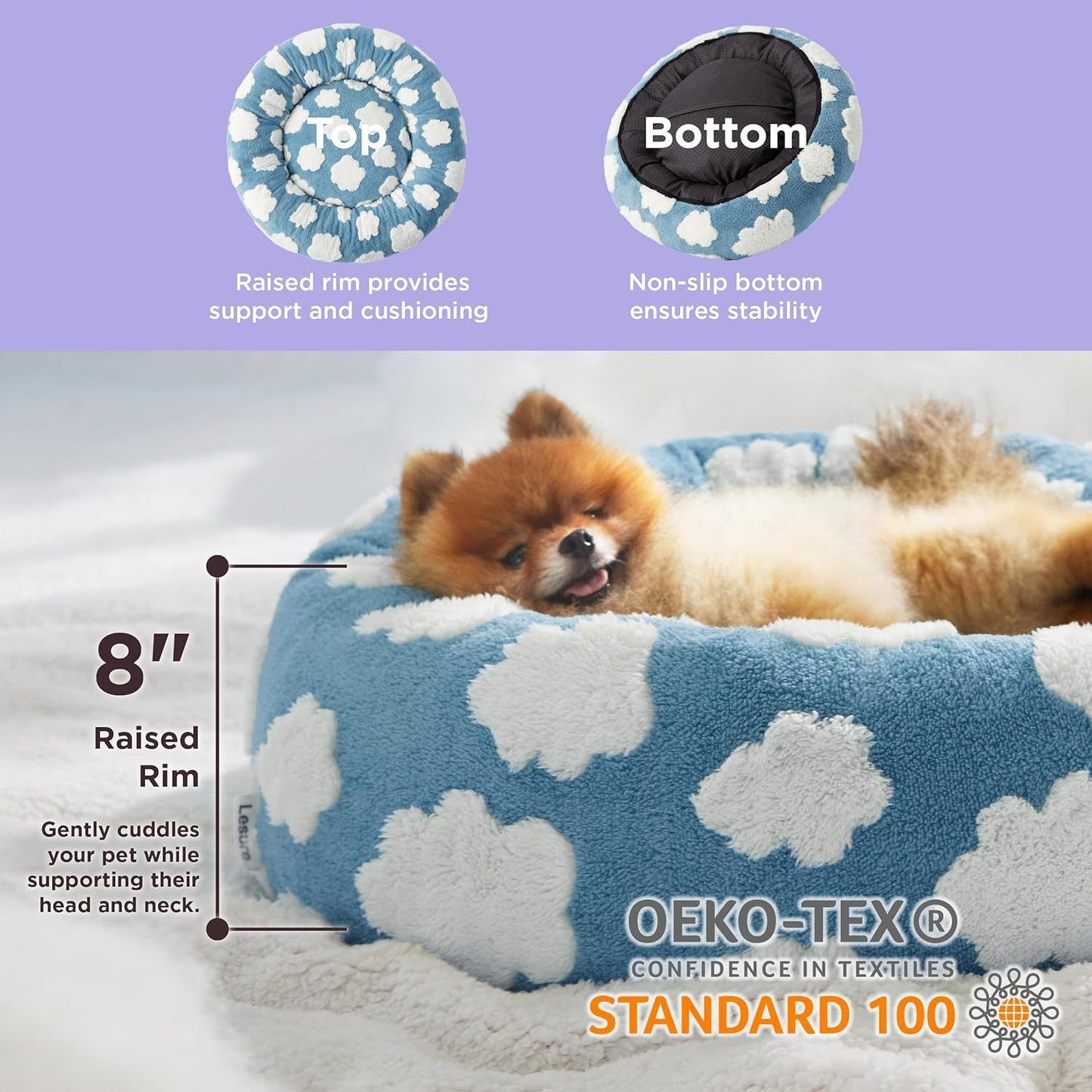 Small Medium Pet Donut Bed-40cm outer diameter, Soft Plush Round Dog Bed and Cat Bed with Raised Rim, Cozy Calming Pet Sleeping Cushion, Blue Cloud Pattern Washable Pet Bed for Small Medium Dogs Cats Puppies and Kittens - view 9