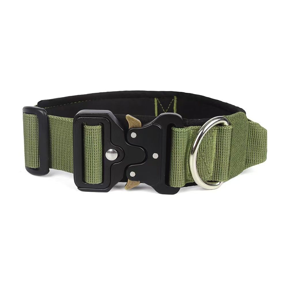 Green Tactical Dog Collar for Large Dogs (M size)- Wide Padded Nylon Collar with Quick Release Metal Buckle, Control Handle and D-Ring for Walking and Training - view 7