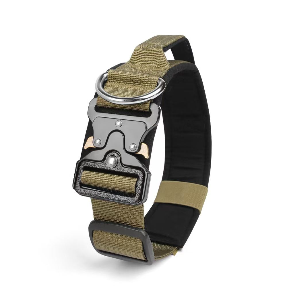 Khaki Tactical Dog Collar for Large Dogs (L size)- Wide Padded Nylon Collar with Quick Release Metal Buckle, Control Handle and D-Ring for Walking and Training - view 6