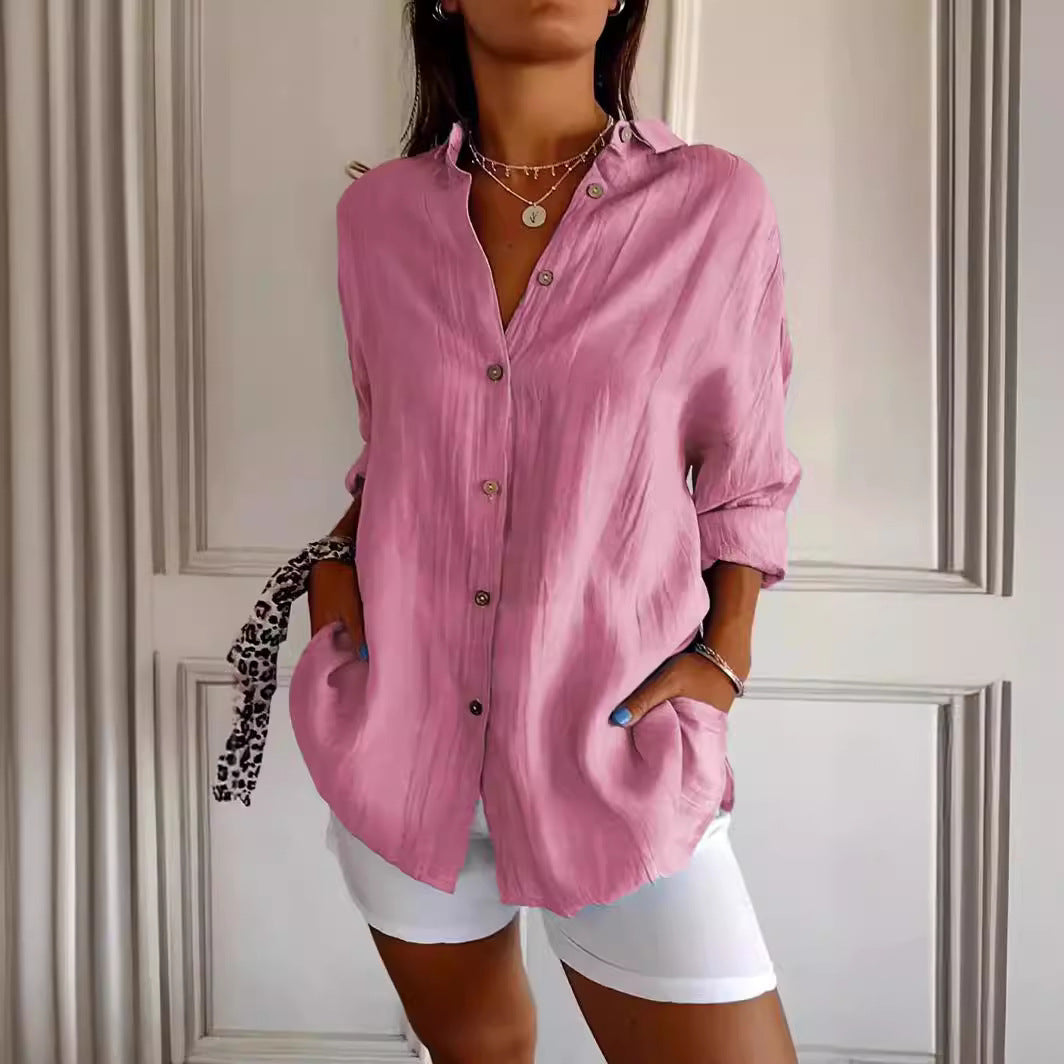 Lapel Long Sleeve Shirt Womens Single-breasted Pleated Shirt Tops - view 5
