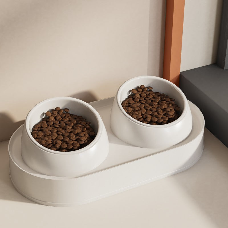 Cat slanted mouth bowl ceramic double bowl white 40 x 22 x 12CM