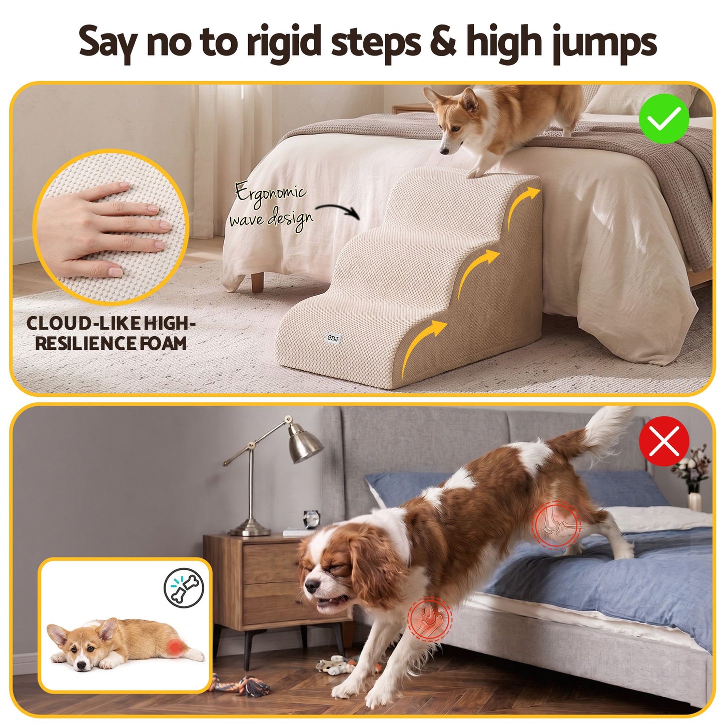 i.Pet Dog Ramp Washable Cover Stairs for Bed Sofa Foam Step Ladder 3 Tier Beige - view 5