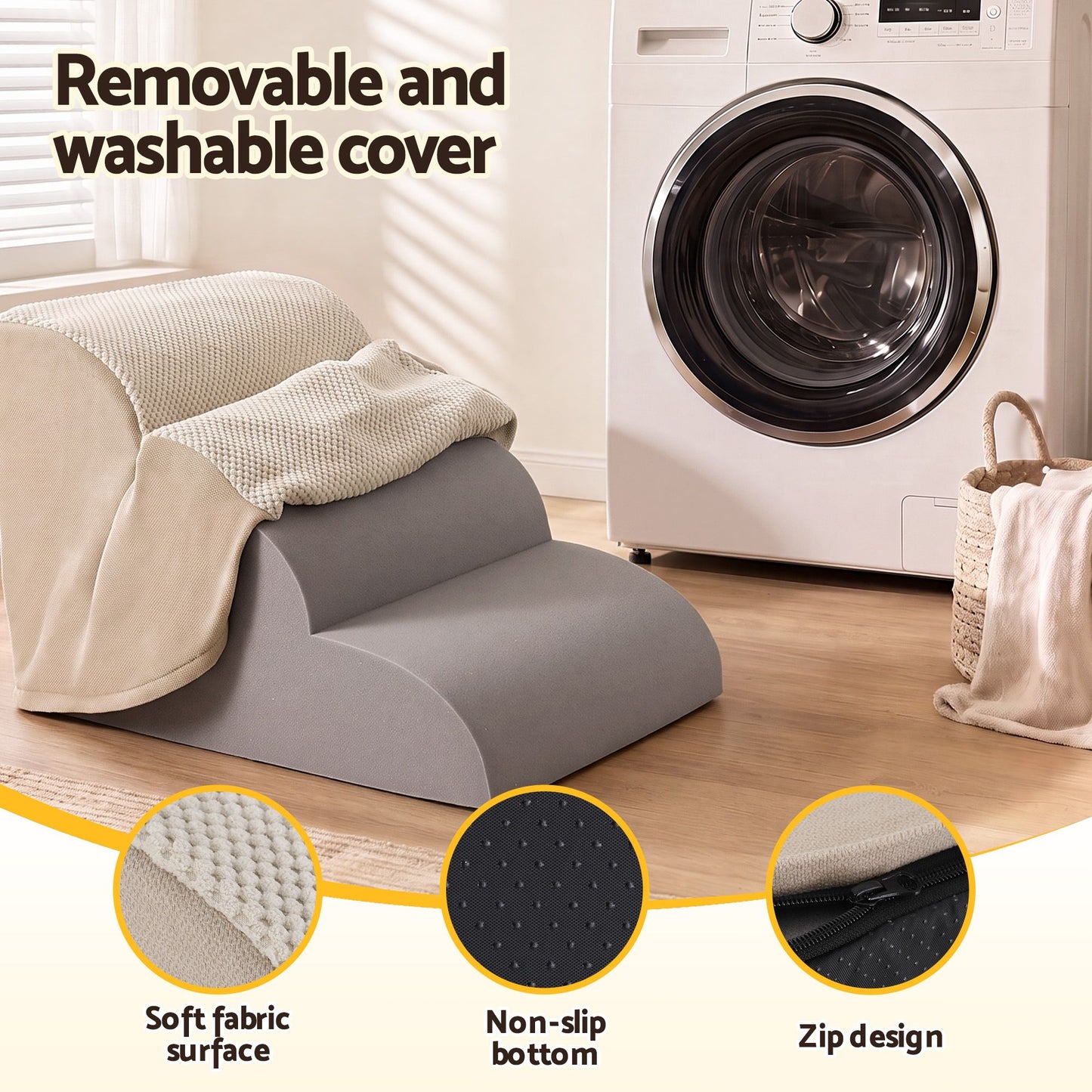 i.Pet Dog Ramp Washable Cover Stairs for Bed Sofa Foam Step Ladder 3 Tier Beige - view 6