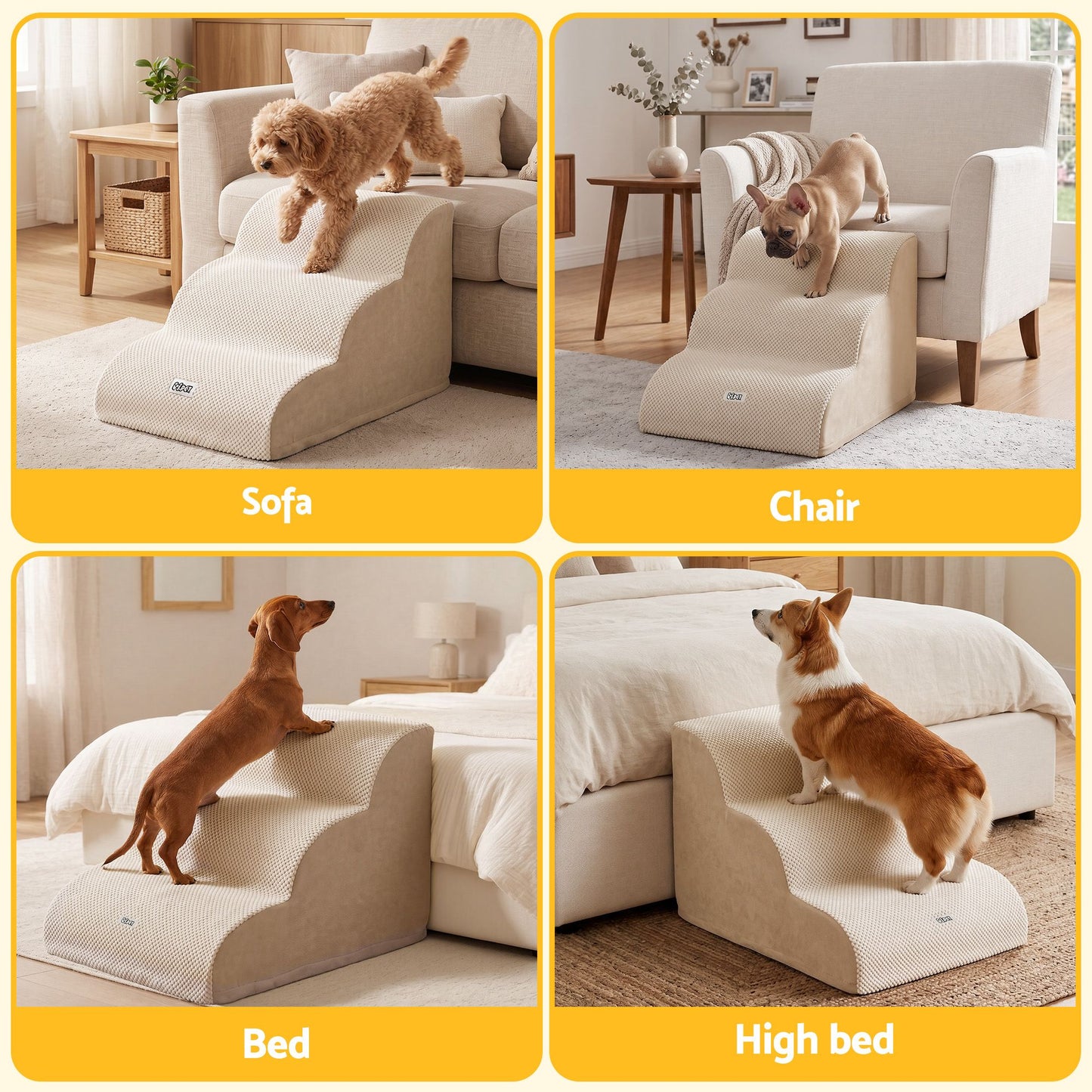 i.Pet Dog Ramp Washable Cover Stairs for Bed Sofa Foam Step Ladder 3 Tier Beige - view 7