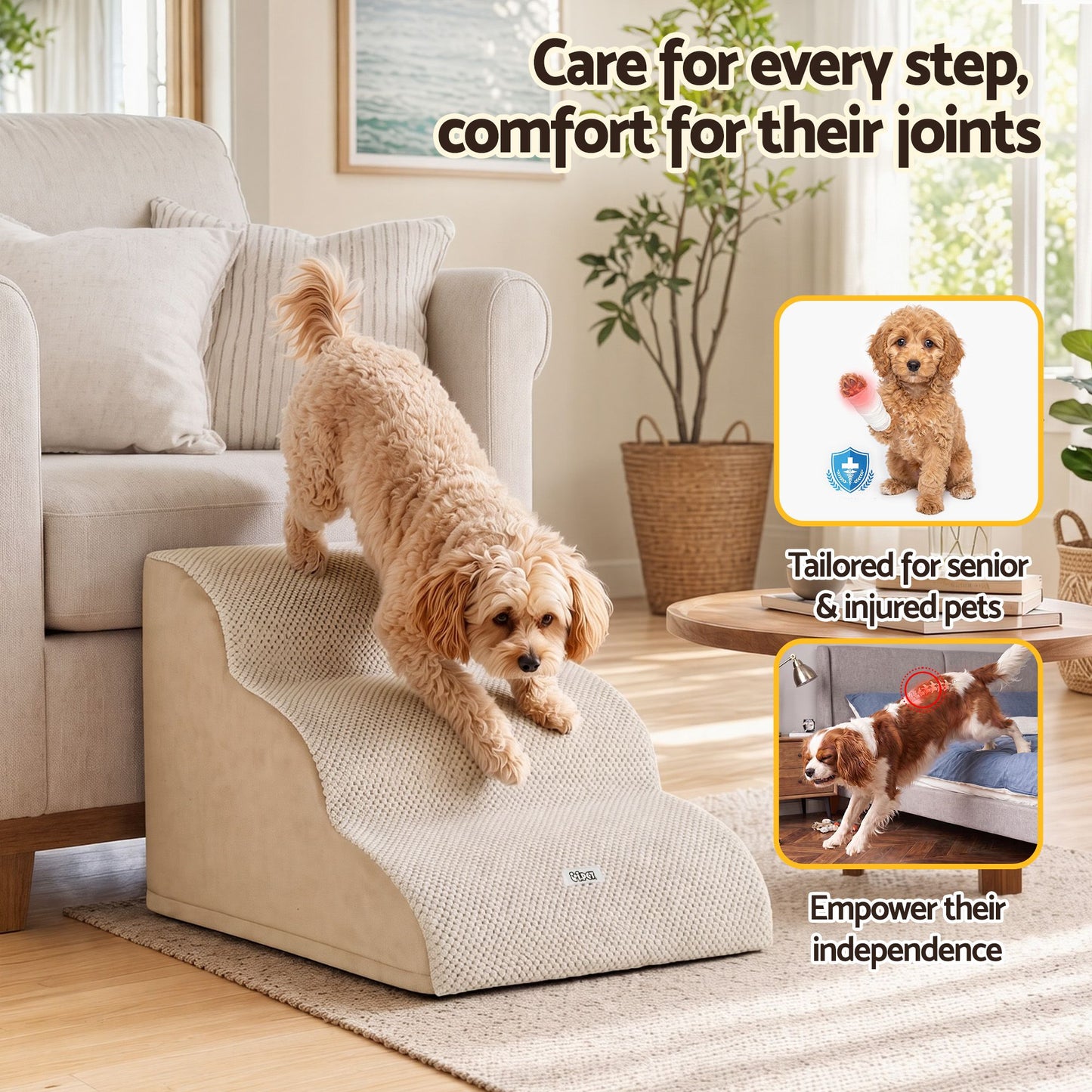 i.Pet Dog Ramp Washable Cover Stairs for Bed Sofa Foam Step Ladder 3 Tier Beige - view 8