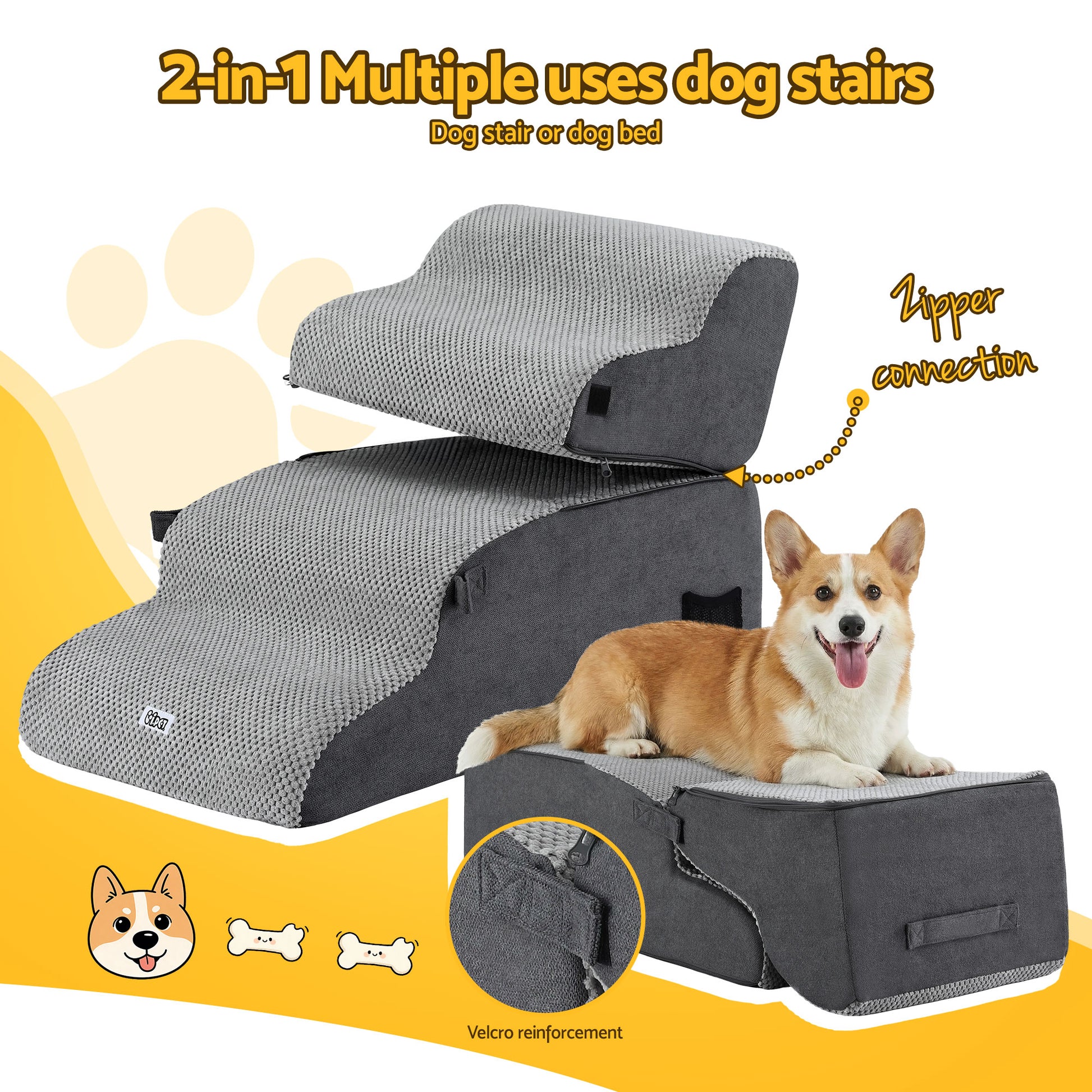 i.Pet Dog Stairs and Bed 2-in-1 Sofa Car Foam Non-Slip Washable Pet Stairs Indoor Grey - view 4