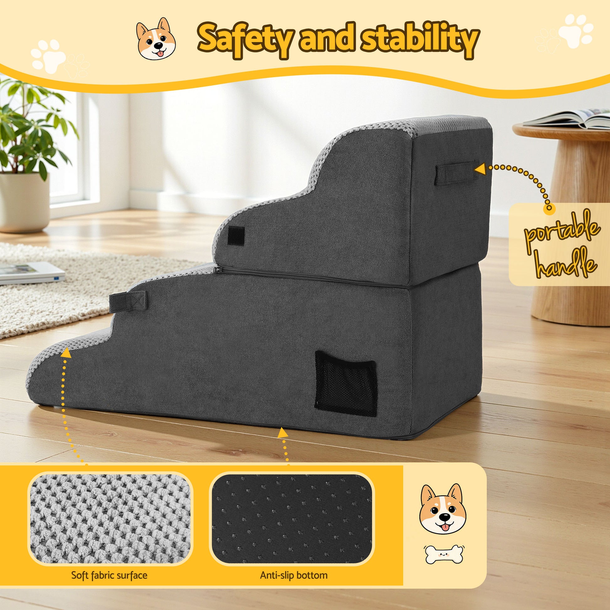 i.Pet Dog Stairs and Bed 2-in-1 Sofa Car Foam Non-Slip Washable Pet Stairs Indoor Grey - view 6
