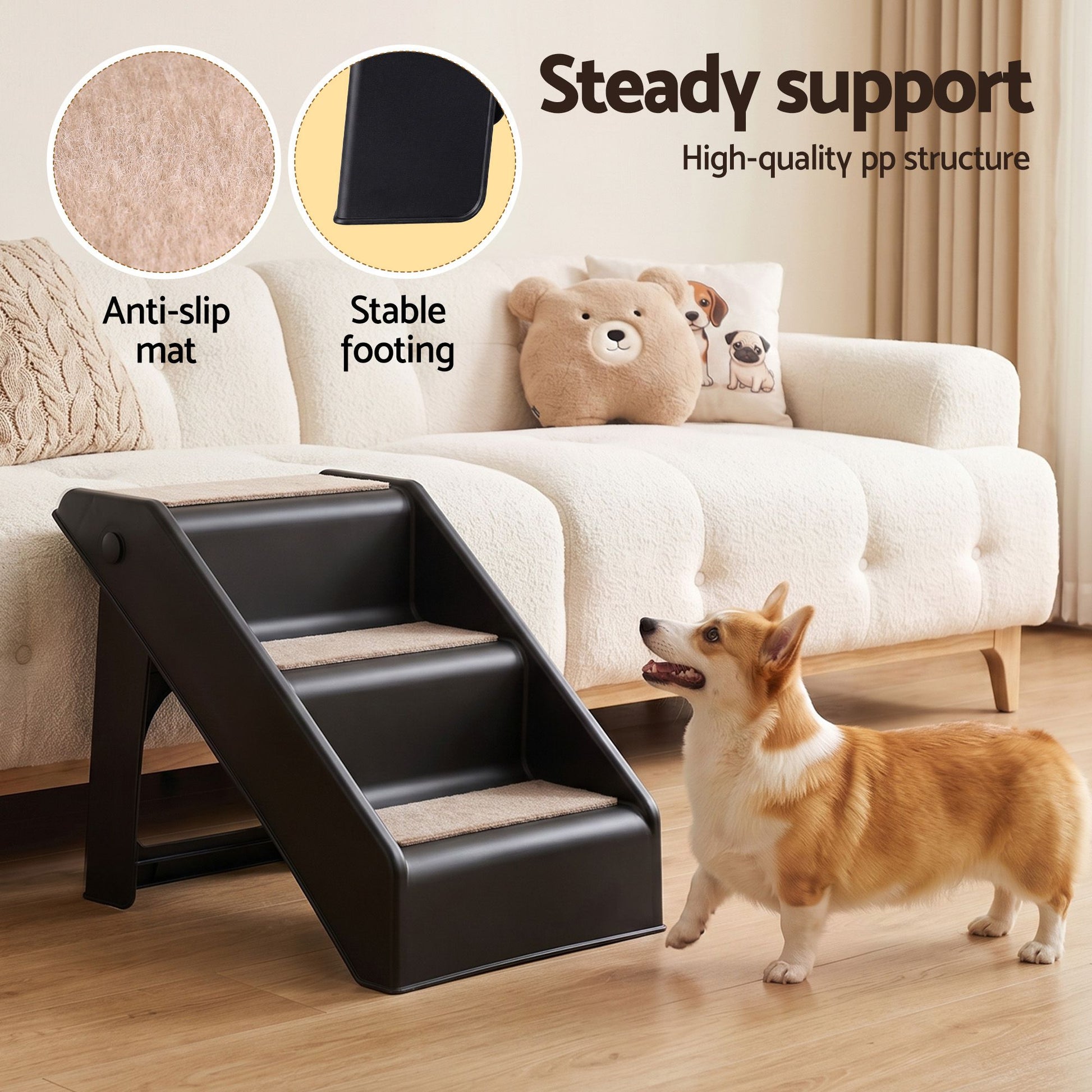 i.Pet Dog Ramp 3 Steps Pet Stairs For Bed Sofa Car Foldable Portable Ladder Black - view 5