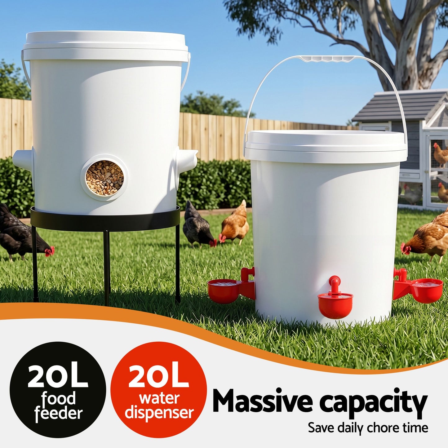 Giantz 20L X2 Chicken Feeder Waterer Set Automatic Poultry Dispenser Metal Stand - view 5