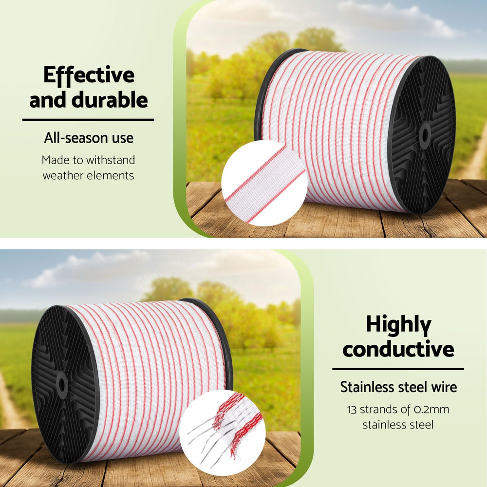 Giantz Electric Fence Tape Polytape 400M Electric Fence Wire Red White - view 5