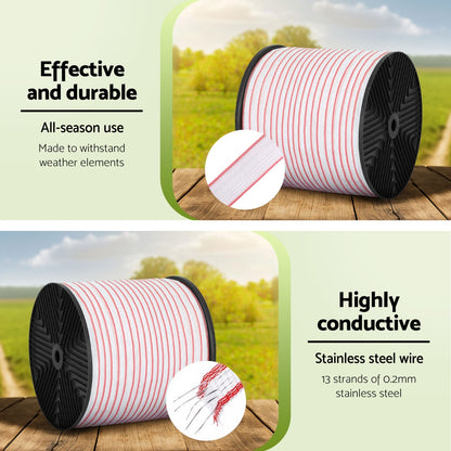 Giantz Electric Fence Tape Polytape 400M Electric Fence Wire Red White - view 5