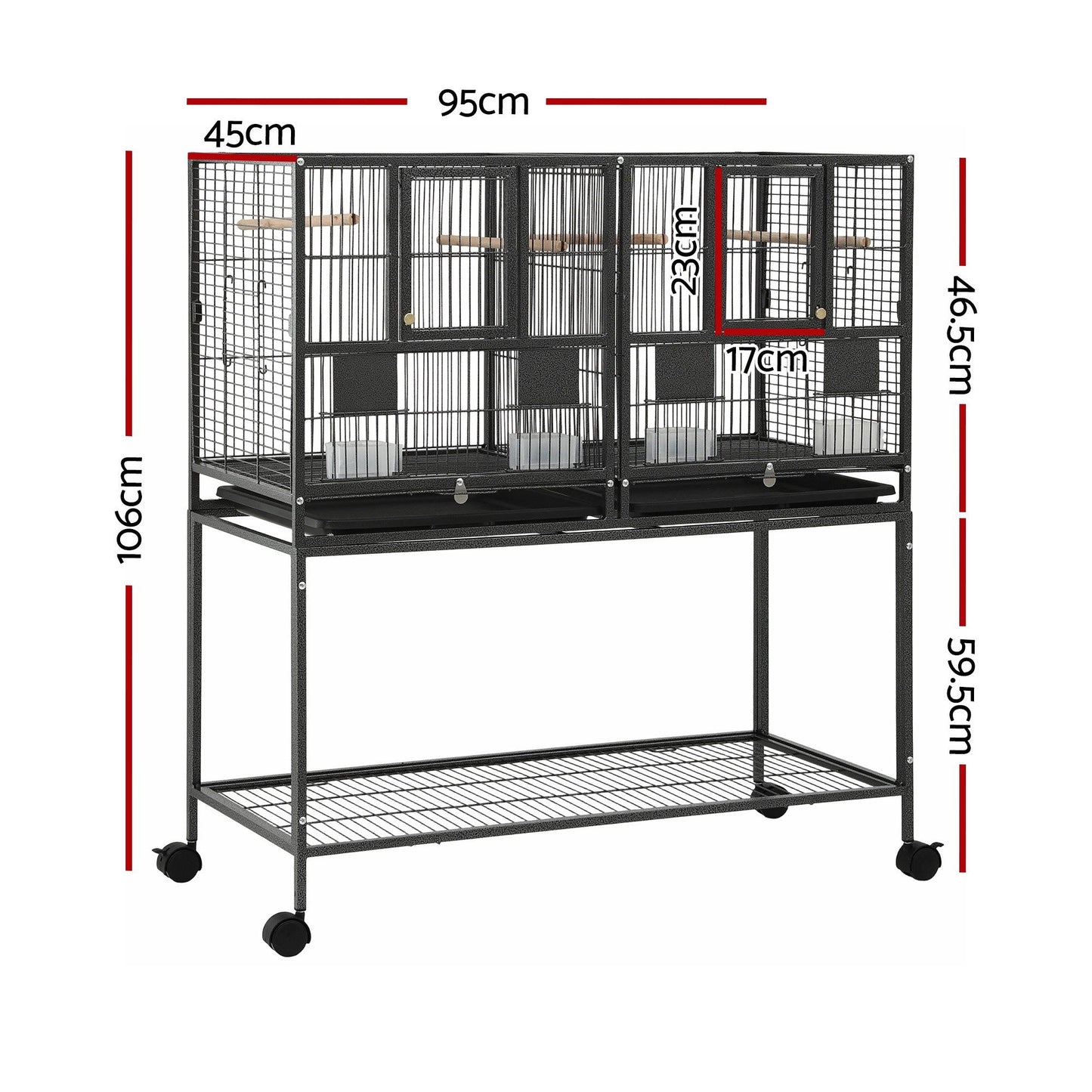 i.Pet 106cm 2-in-1 Bird Cage Aviary with Divider Parrot Budgie Wheels Black - view 2