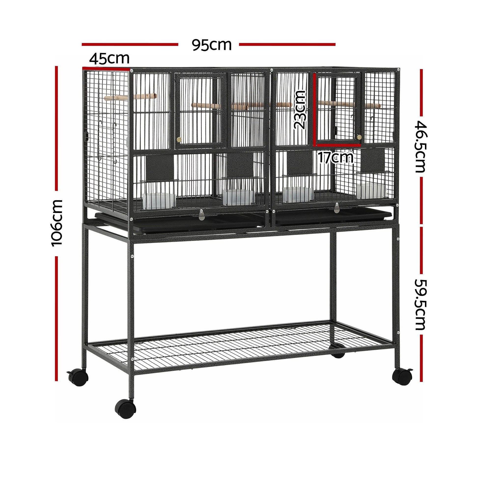 i.Pet 106cm 2-in-1 Bird Cage Aviary with Divider Parrot Budgie Wheels Black - view 2