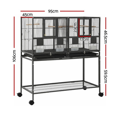 i.Pet 106cm 2-in-1 Bird Cage Aviary with Divider Parrot Budgie Wheels Black - view 2