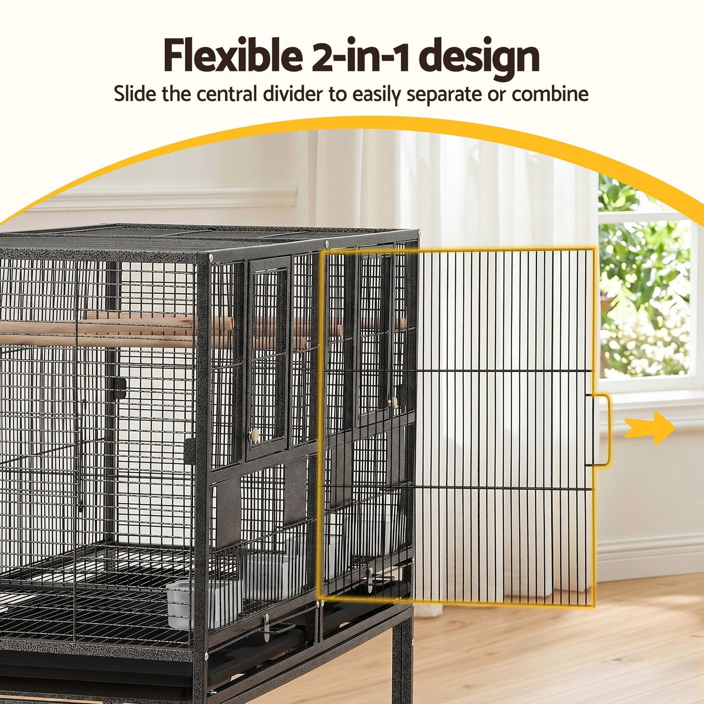i.Pet 106cm 2-in-1 Bird Cage Aviary with Divider Parrot Budgie Wheels Black - view 4