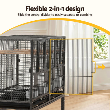 i.Pet 106cm 2-in-1 Bird Cage Aviary with Divider Parrot Budgie Wheels Black - view 4