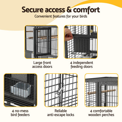 i.Pet 106cm 2-in-1 Bird Cage Aviary with Divider Parrot Budgie Wheels Black - view 5