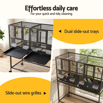 i.Pet 106cm 2-in-1 Bird Cage Aviary with Divider Parrot Budgie Wheels Black - view 7