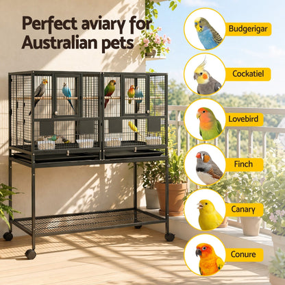 i.Pet 106cm 2-in-1 Bird Cage Aviary with Divider Parrot Budgie Wheels Black - view 8
