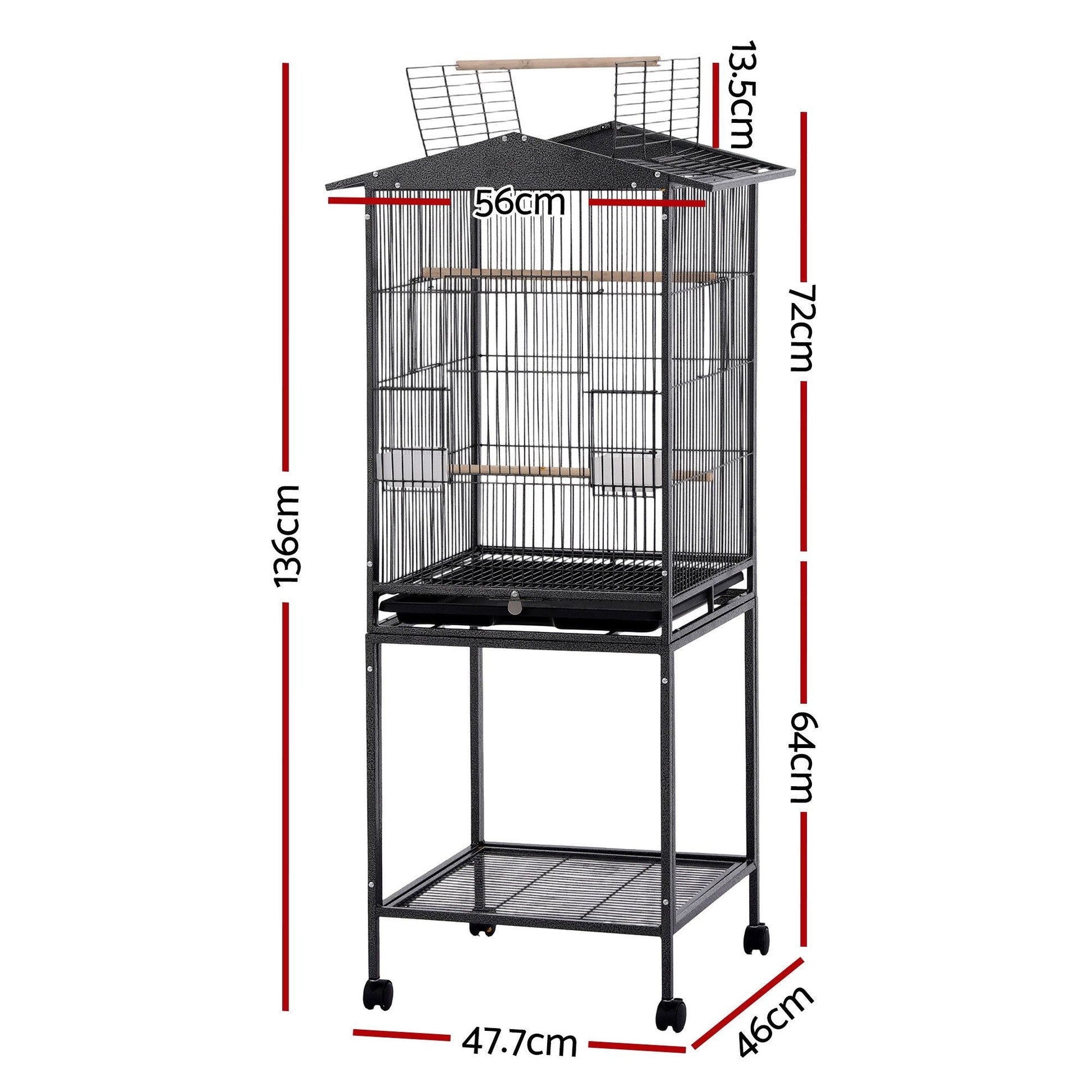 i.Pet 136cm Bird Cage Aviary Open Top Parrot Budgie Stand Wheels Black - view 3